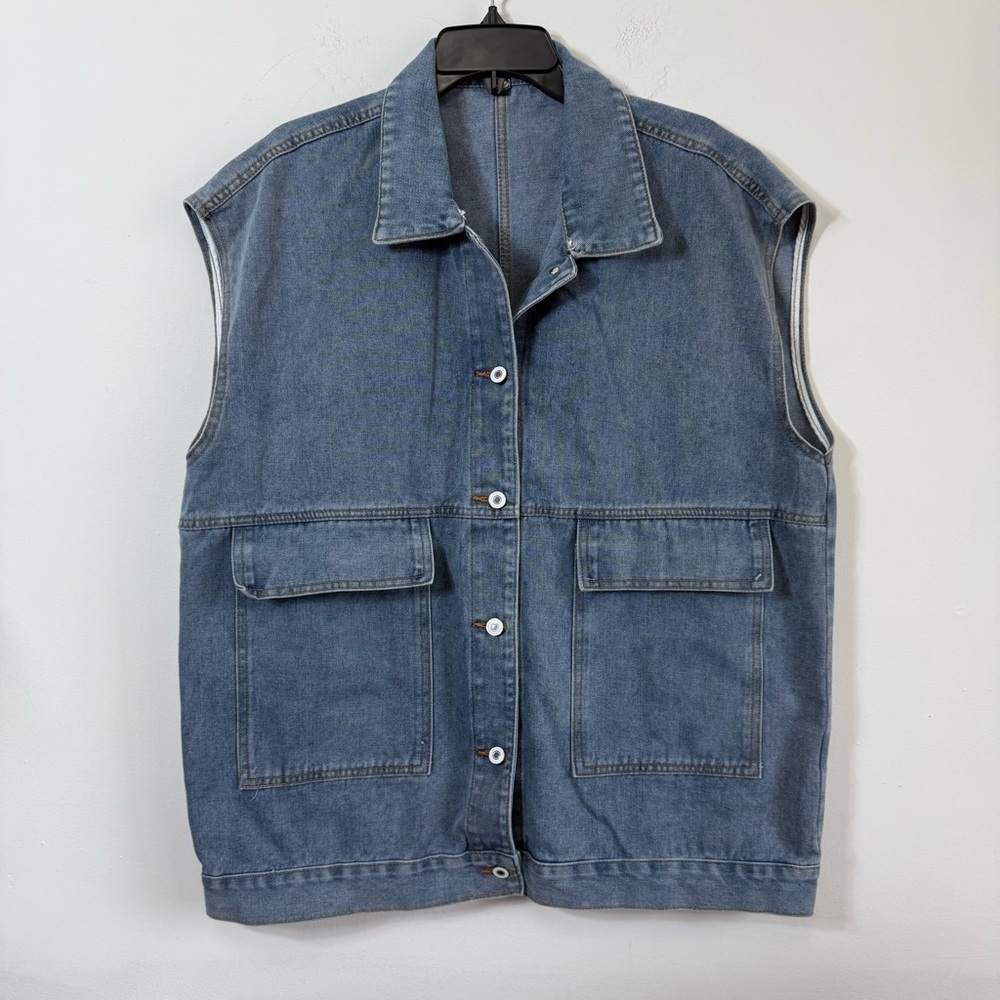 Vintage Aesthetic Oversized Blue Utility Vest XL Large Cargo Pockets - Picture 2 of 7